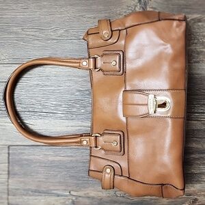 Liz Claiborne Satchel style purse, caramel brown color, multi-compartment
